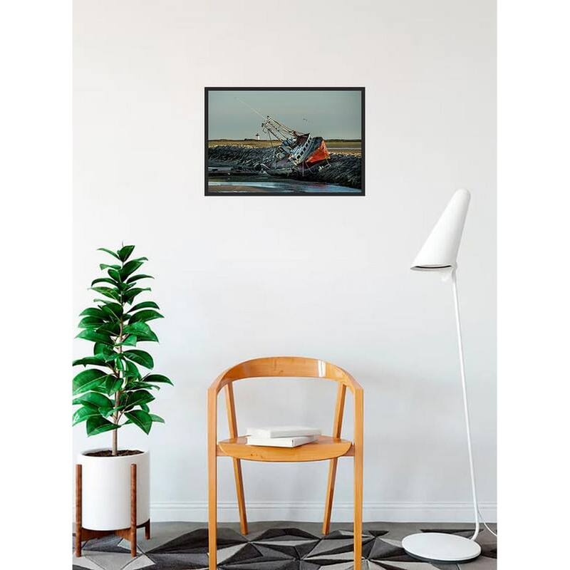 Grounded Boat After Dtorm Cape Cod Photography by Wayne Collamore Framed Poster - 12 x 18 Inch