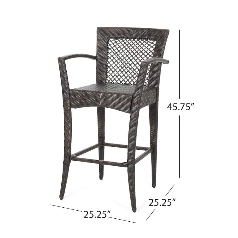 Fela Outdoor Barstool Chair Set of 2, Wicker Woven, Brown Iron Frame