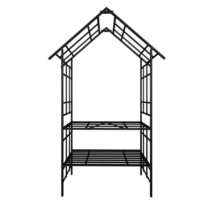 Anmytek Black Metal Garden Arch with Bench and Flower Stand for Climbing Plants Rose Arbor