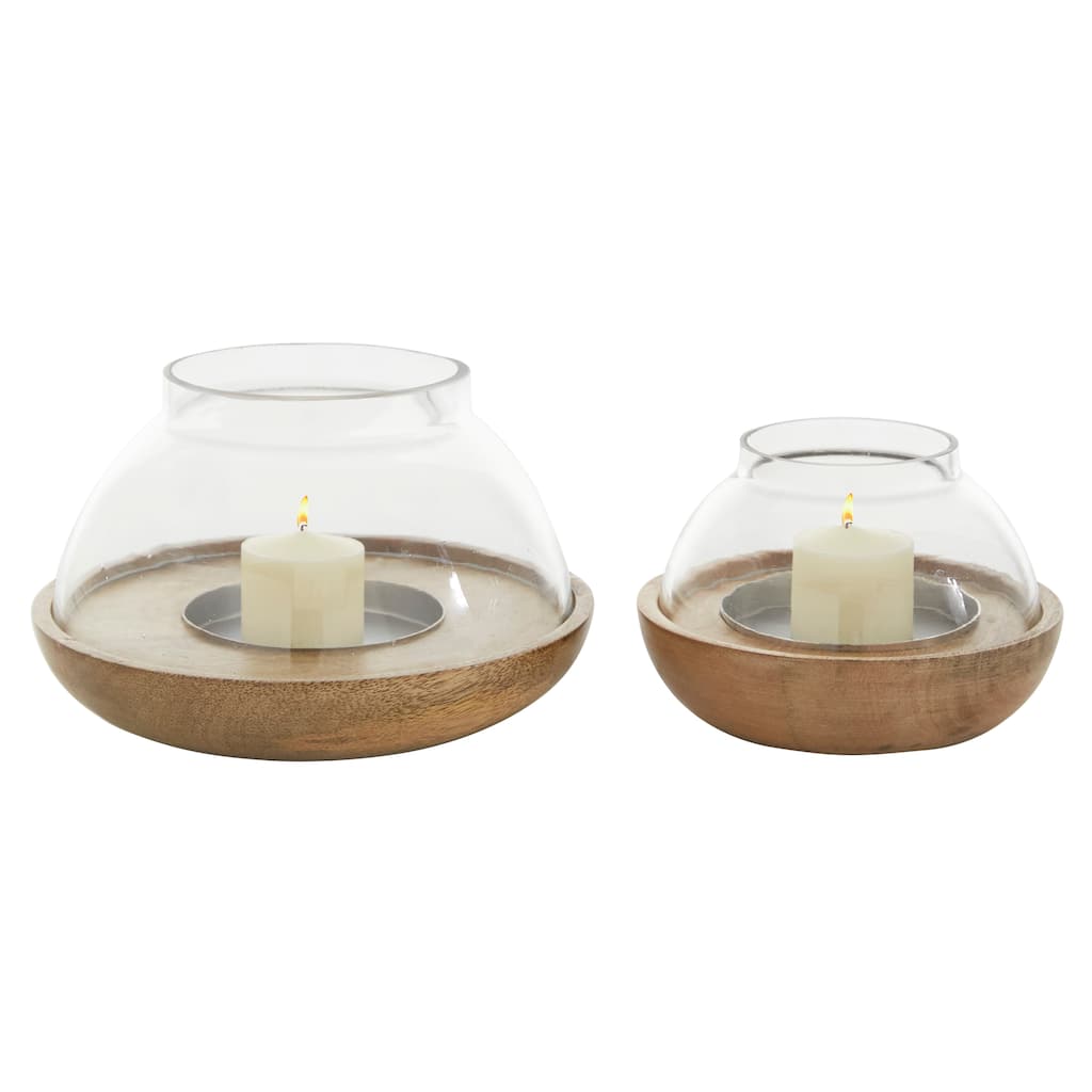 Wood Tealight Hurricane Lamp - Set of 2 Brown - Roche River Decor - 7"W x 7"L x 4"H