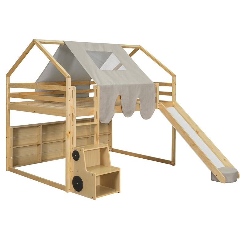 House-Shaped Wooden Loft Bed with Tent, Slide, and Storage - Twin/Full Size