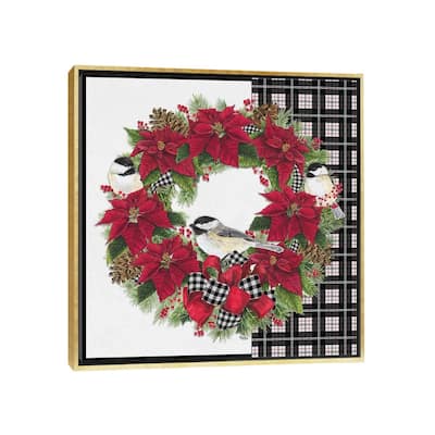 iCanvas "Chickadee Christmas Red V - Wreath" by Tara Reed Framed