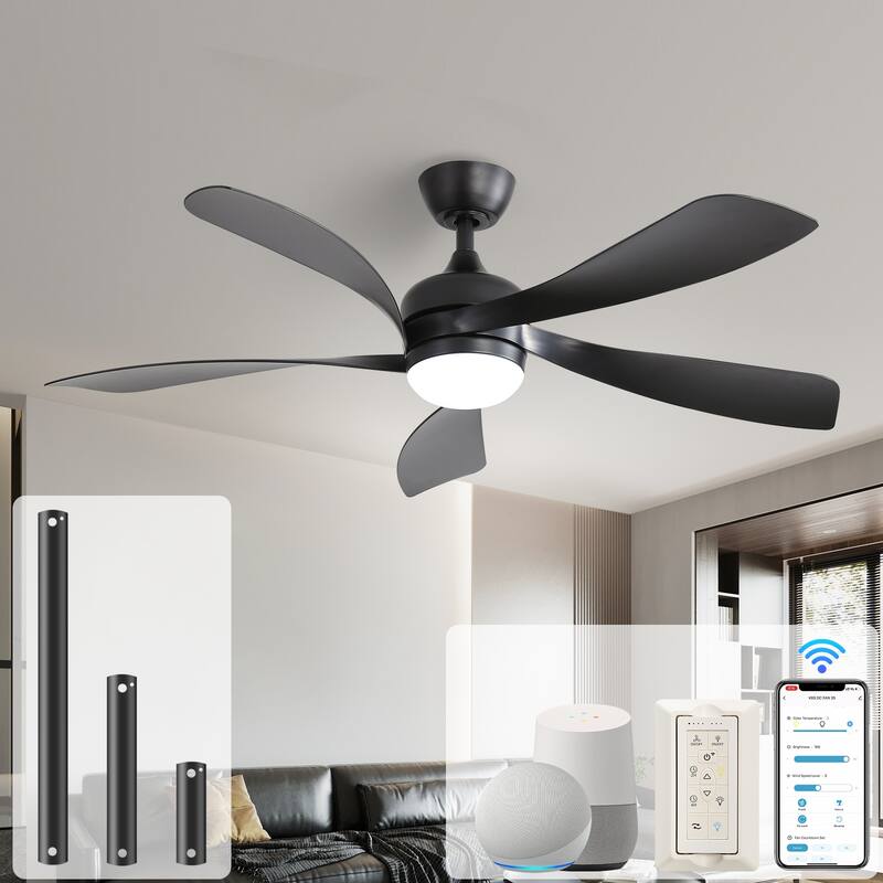 Modern Ceiling Fan With Light Smart Life APP Remote Control Timer For Alexa Google Bedroom Farmhouse - 52inch - Black
