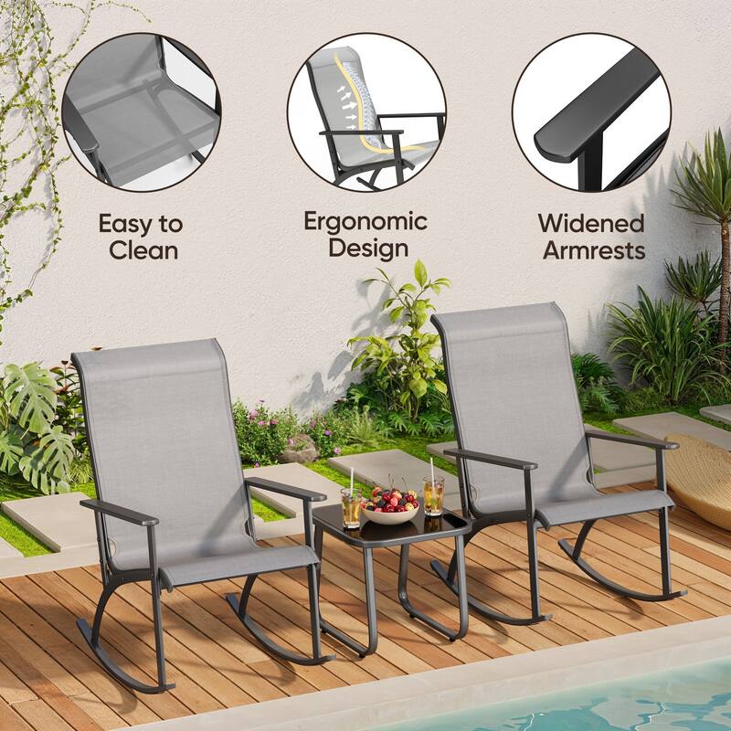 3-Piece Outdoor Bistro Set - Rattan Rocking Chairs With Coffee Table, Ergonomic Patio Furniture with High Backrest