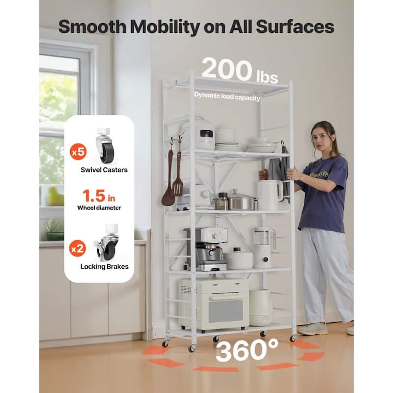 White Carbon Steel Folding Garage Storage Shelf with Wheels and 750 lbs Capacity - 14 x 32 x 72 in