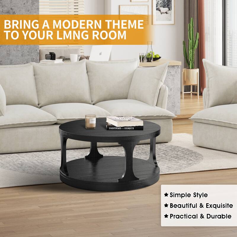 36" Modern Antique Black Solid Wood 2-Tier Round Coffee Table