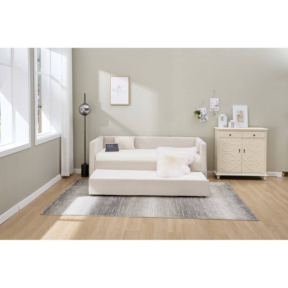 Tufted Upholstered Daybed with Lift Up Trundle, Twin Size Velvet Platform Sofa Bed with Charging Ports and Side Pocket