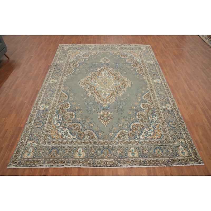 Hand Knotted Oriental 100% Wool Carpet Traditional Floral Greys & Charcoal Tabriz Area Rug - 12' 10'' X 9' 7''