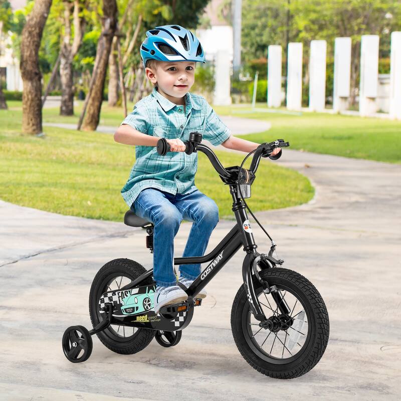 Black Kids Adjustable Bike with Training Wheels and Enclosed Chain Guard Dual Brake System