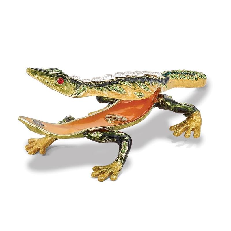 Curata Pewter Crystals Gold-Tone Enameled Rocky Rain Forest Lizard Trinket Box on 18 Inch Necklace