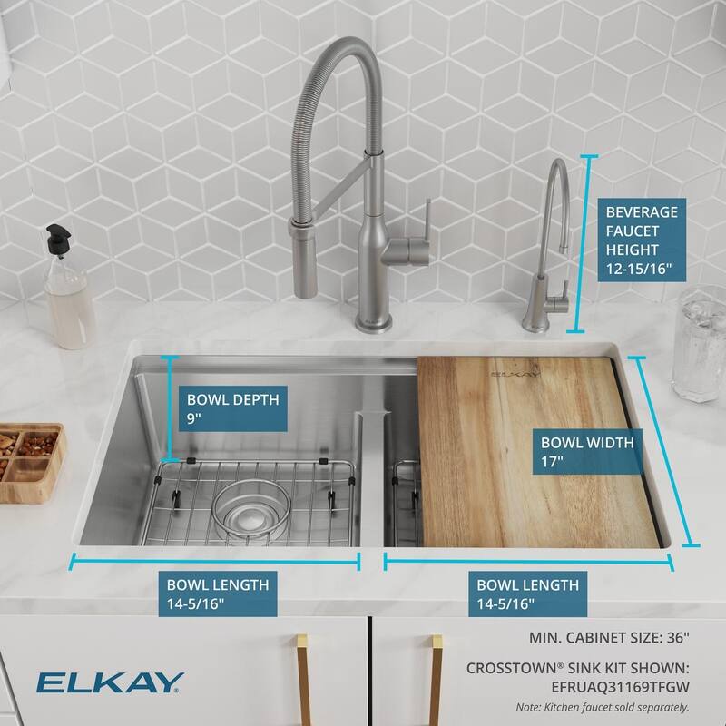Elkay Crosstown 16 Gauge Workstation Stainless Steel, 31.5" Equal Double Bowl Sink Kit with Filtered Beverage Faucet