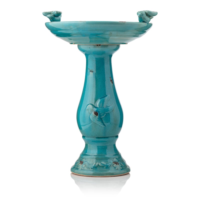 Alpine Corporation 25" Tall Turquoise Antique Ceramic Bird Bath with Two Birds