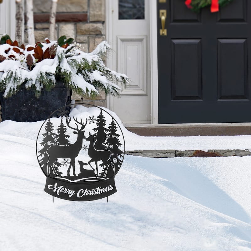 Glitzhome Christmas Metal Silhouette Nativity Waterglobe with Reindeer Yard Stakes Wall Decor
