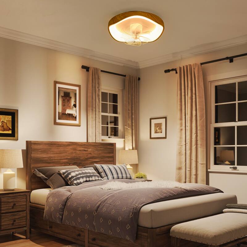 20.5" Modern Farmhouse Wood Ring Flush Mount LED Fandelier with Remote