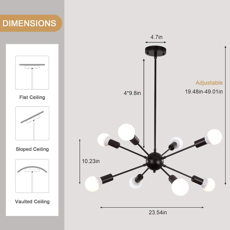 8-Light Mid Century Modern Linear Sputnik Chandelier for Bedroom Living Room Dining Room Kitchen Foyer - N/A