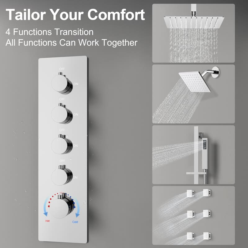 GRANDJOY Shower System 16 inch Rainfall Ceiling and 6 inch Wall Mount Dual Shower Head Handheld Spray Slide Bar Thermostatic