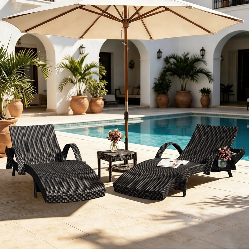 Outdoor Wicker Chaise Lounge Chairs Set of 2 with Adjustable Backrest and Pull-out Side Table