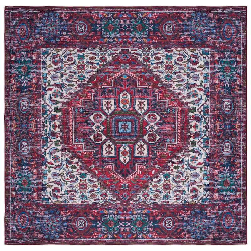 SAFAVIEH Tucson Machine Washable Slip Resistant Heide Oriental Rug - 6' Square - Red/Blue