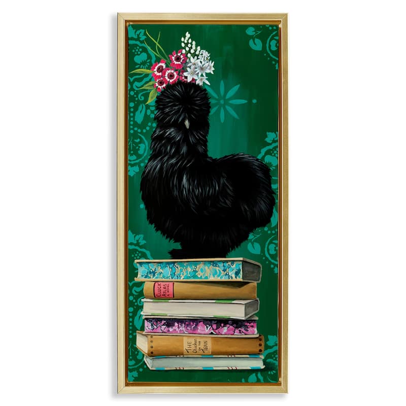 Stupell Country Chicken on Bookstack Framed Floater Canvas Wall Art Design By Heather Gauthier - 15 x 31 - Gold