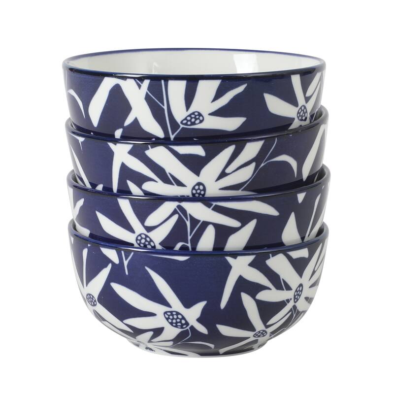 Gibson Home Ivory Estate 4-Piece Cereal Bowl Set, 5.5 Inch Round Stoneware Bowls, Blue & White Floral Pattern, Assorted Designs