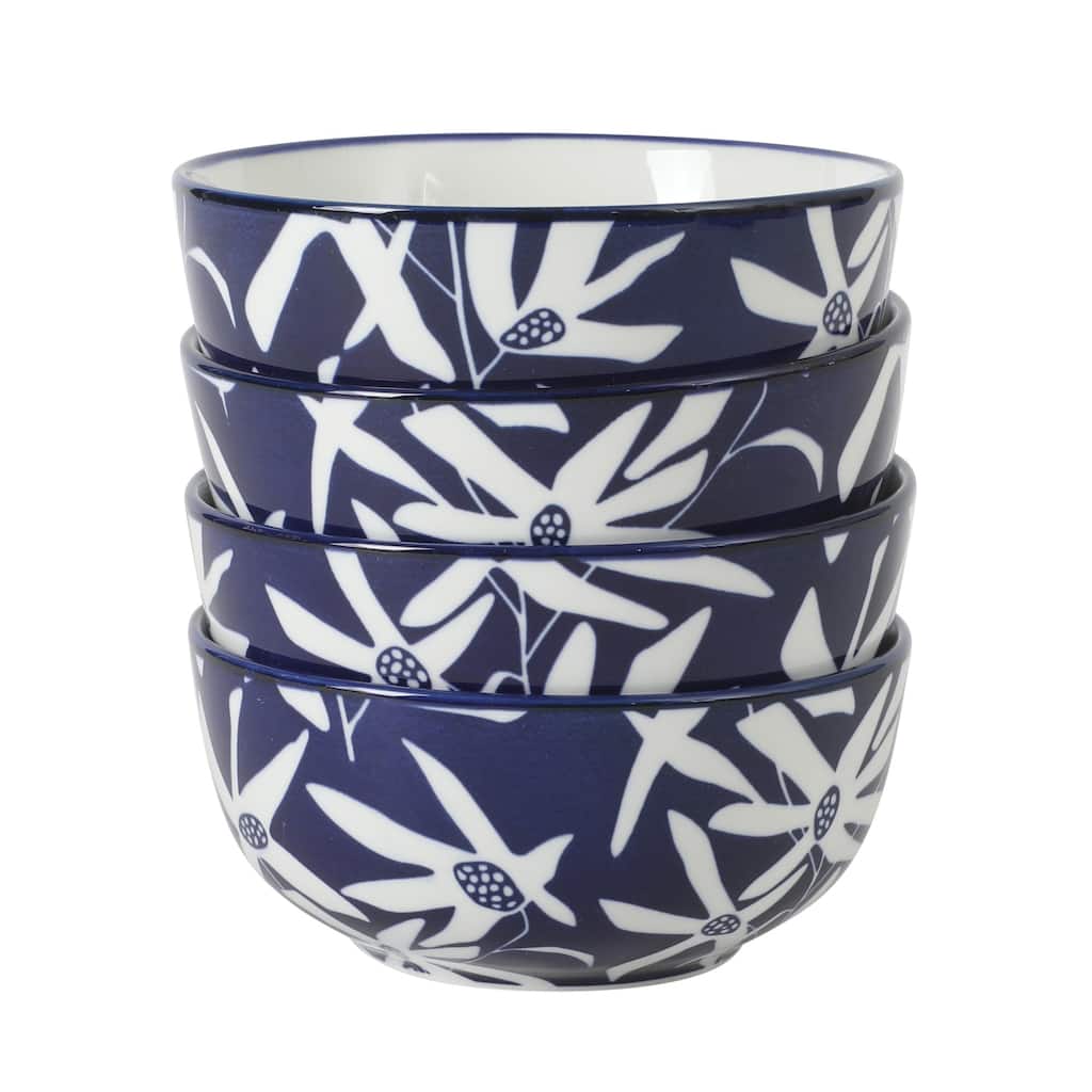 Gibson Home Ivory Estate 4-Piece Cereal Bowl Set, 5.5 Inch Round Stoneware Bowls, Blue & White Floral Pattern, Assorted Designs
