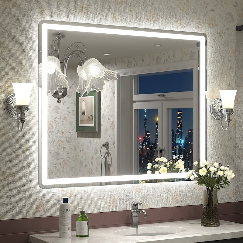 UL Certified Frameless LED Front Light and Backlit Wall Bathroom Vanity Mirror - 40" x 32" - Clear-Rounded Corner