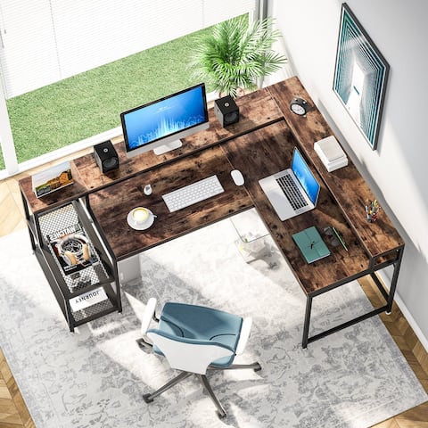 69" L Shaped Desk with Monitor Shelf, Reversible Corner Desk Industrial Computer Desk for Office Home