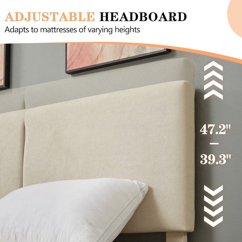 Javlergo Upholstered Bed Frame with Linen Fabric Adjustable Headboard Strong Wood Slats Supports No Box Spring Needed