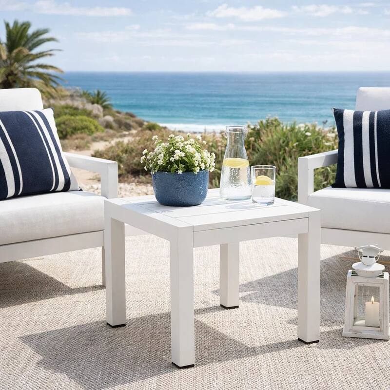 Josh 18 Inch Side End Table, Polyresin Planks, Crisp White Aluminum Frame