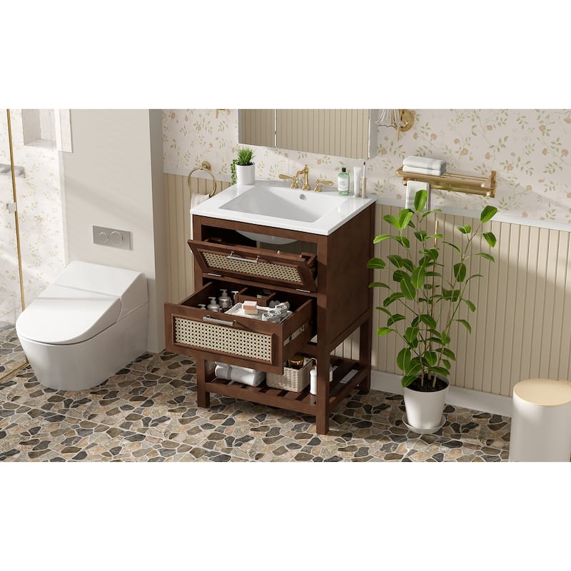24"Bathroom Vanity with Integrated Ceramic Sink,Bathroom Cabinet with 1 Deep Drawer,1 Tip-Out Drawer,Single Sink Bathroom Vanity
