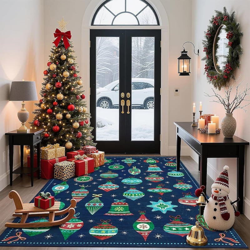Christmas Winter Snowflake Washable Area Rug for Living Room, Bedroom, Blue - 9*12ft
