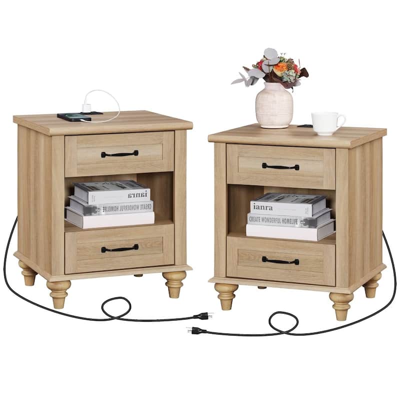 Mid Century End Table Nightstands with Charging Station & Drawer - 2 Piece - Oak