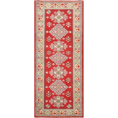 Red Geometric Kazak Oriental Runner Rug Handmade Wool Carpet - 2'1" x 5'10"