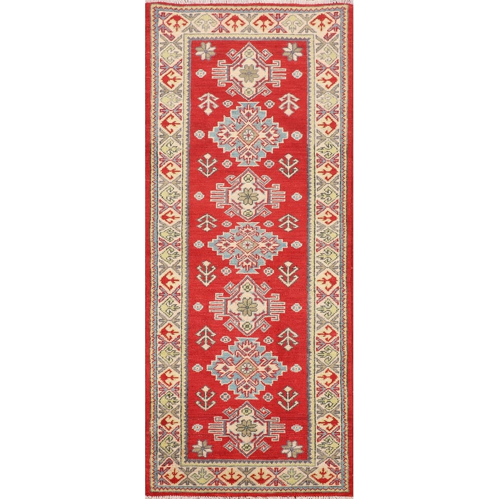 Red Geometric Kazak Oriental Runner Rug Handmade Wool Carpet - 2'1" x 5'10"
