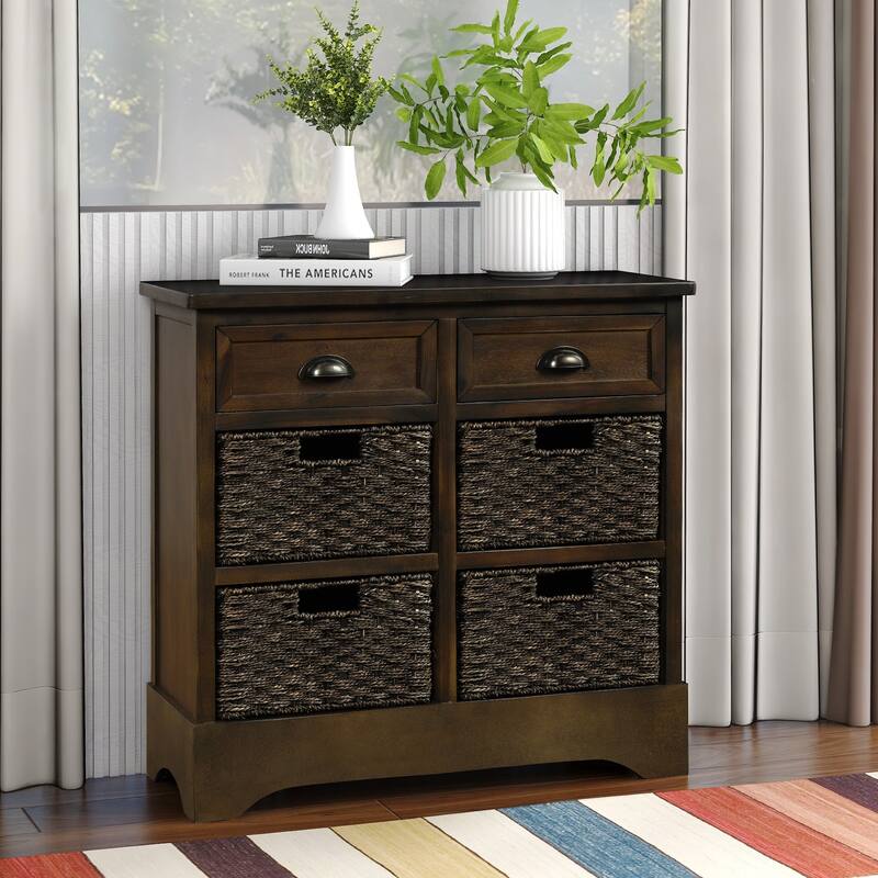Rustic Storage Cabinet with Two Drawers and Four Classic Rattan Basket for Dining Room/Entryway/Living Room