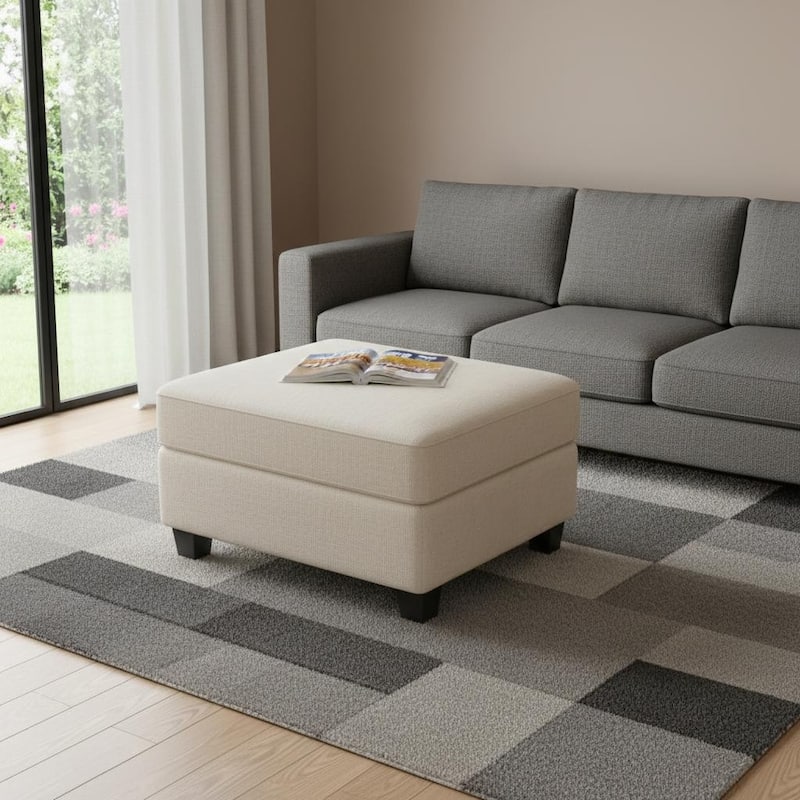 HomeRoots 26" Beige and Black Chenille Storage Ottoman - Beige