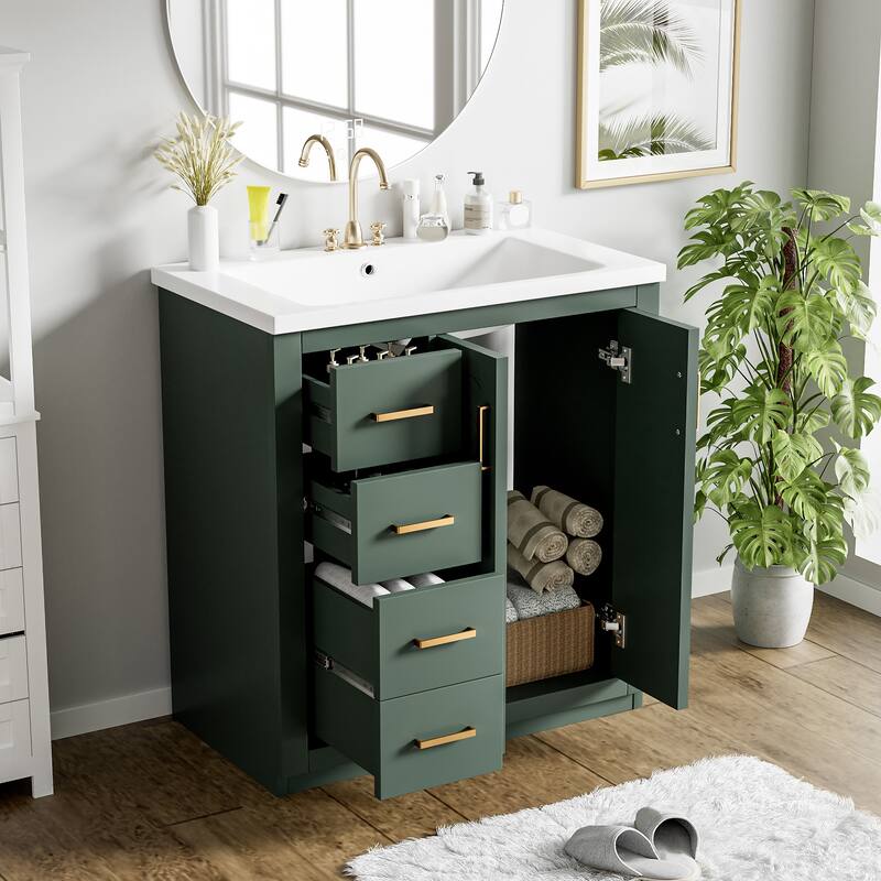 30" Bathroom Vanity with Ceramic Sink - Solid Wood Frame, 3 Drawers & 2 Soft-Close Doors - Modern Freestanding Storage Cabinet