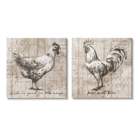 Stupell Industries Rustic Hen Rooster Illustration Life is Good Phrases 2pc Multi Piece Canvas Wall Art Set - Brown