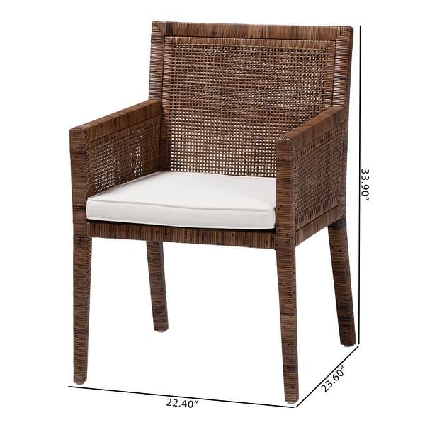 dimension image slide 2 of 3, Karis Rattan Dining Chair - Handwoven Wicker Armchair with Mahogany Wood, Coastal Boho Style Indoor Seating