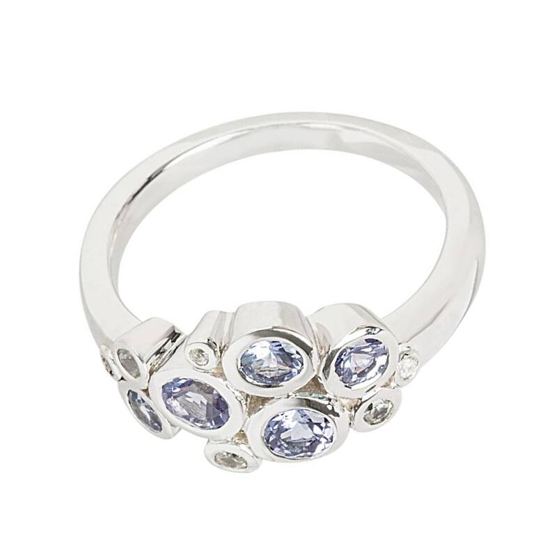 925 Sterling Silver Tanzanite And White Natural Zircon Cluster Ring