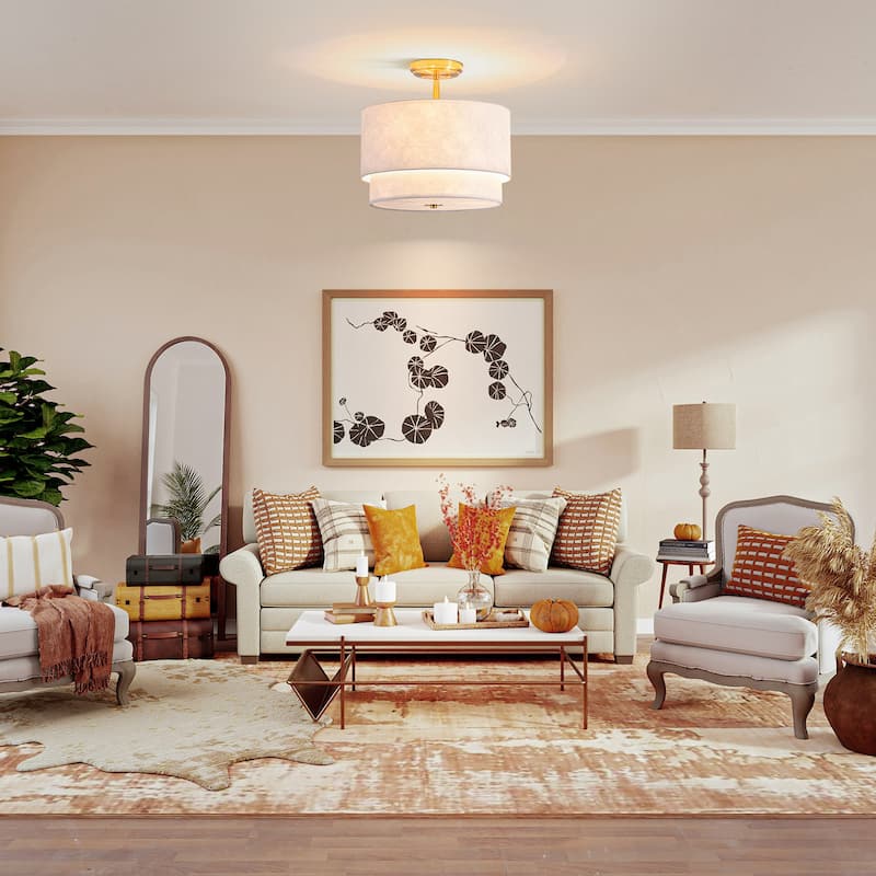 3-Light Double Layer Ceiling Light with Tyvek paper Lampshade - Modern Gold and White Fixture for Living Room