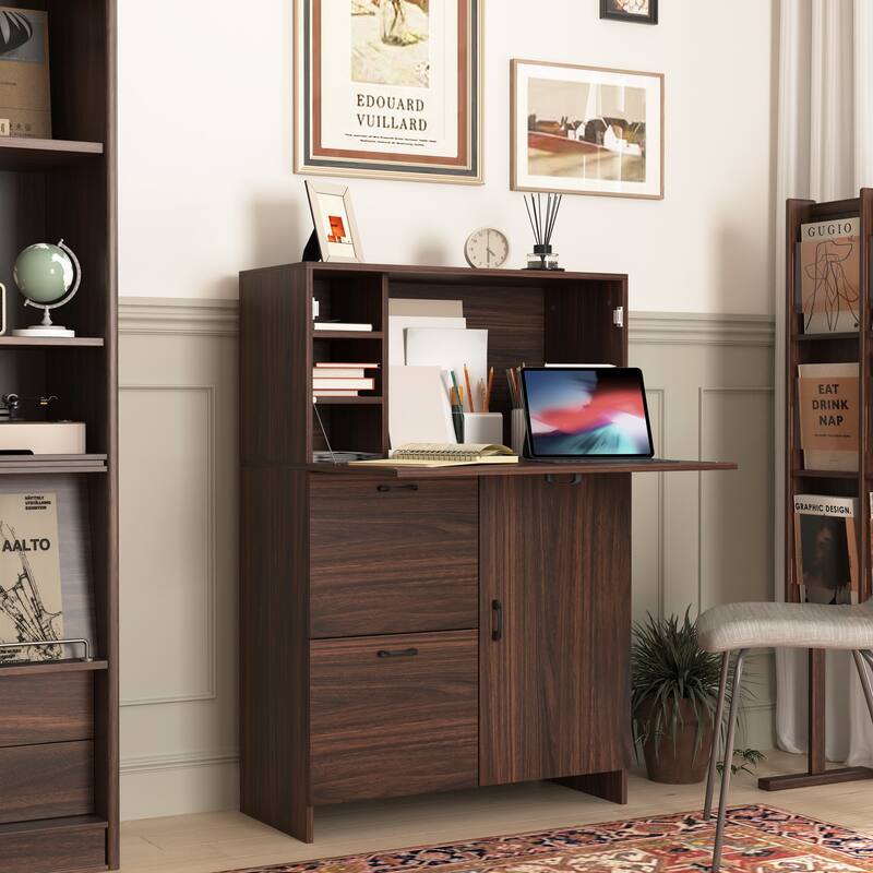 Foldable Desk Cabinet with Storage Drawer & Shelves, Space-Saving Wall Storage Cabinet Buffet Cabinet