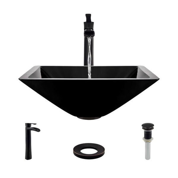 Rene R5-5003-NOR-R9-7007 16-1/2" Glass Vessel Bathroom Sink with Vessel Faucet, Sink Ring, and Vessel Pop-Up Drain