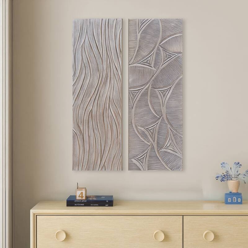 2pc Wood Wall Art Panels 16x48 Inch Abstract Geometric and Wave Pattern Decor Distressed Gray