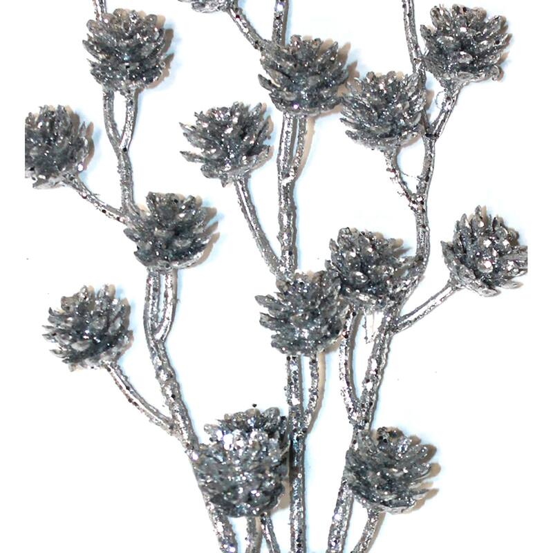 12" Christmas Glitter Plastic Pine Cones Branch Pick, Silver, Set of 6 - 12