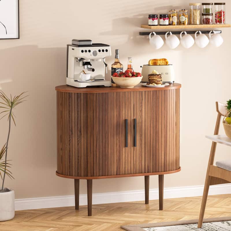 VEIKOUS Wooden Storage Sideboard with Tambour Doors, Ample Storage for Kitchen, Living Room, Bedroom - Coffee brown