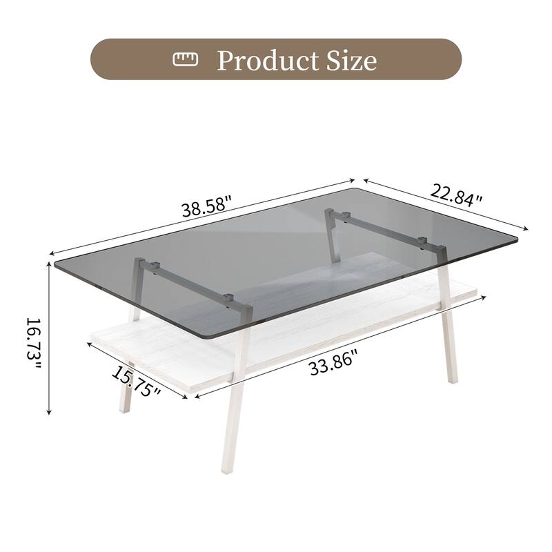 Rectangle Coffee Table, Tempered Glass Tabletop with Black Metal Legs