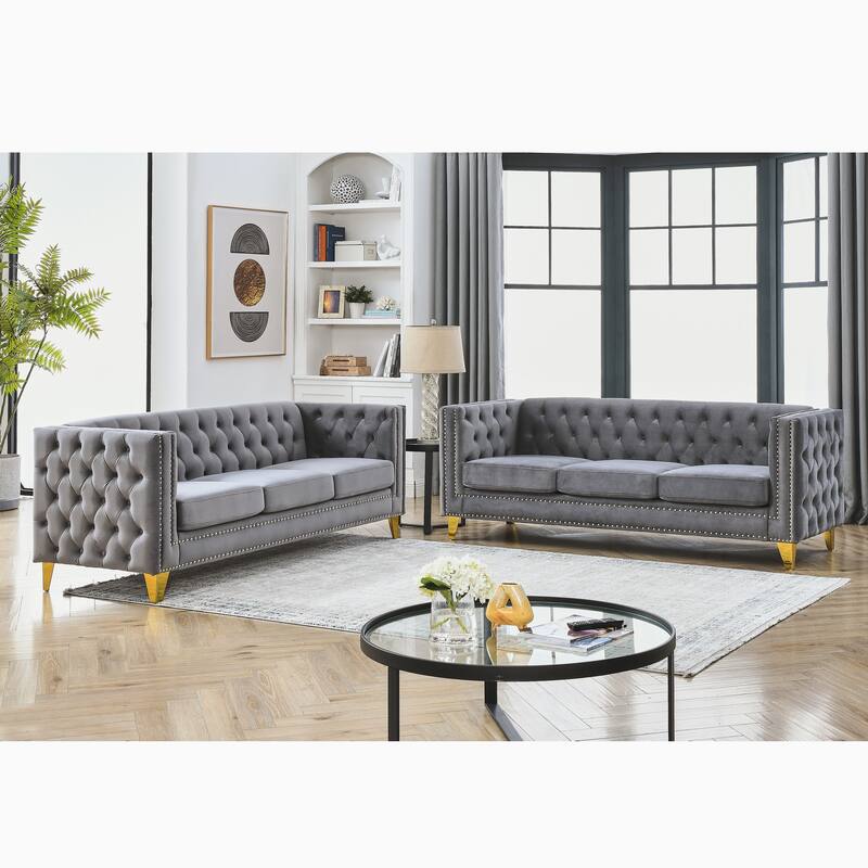 Classic Chesterfield Velvet Sofa Set, 2-Piece Button-Tufted 3-Seater Couch with Nailhead Trim and Metal Legs - Grey