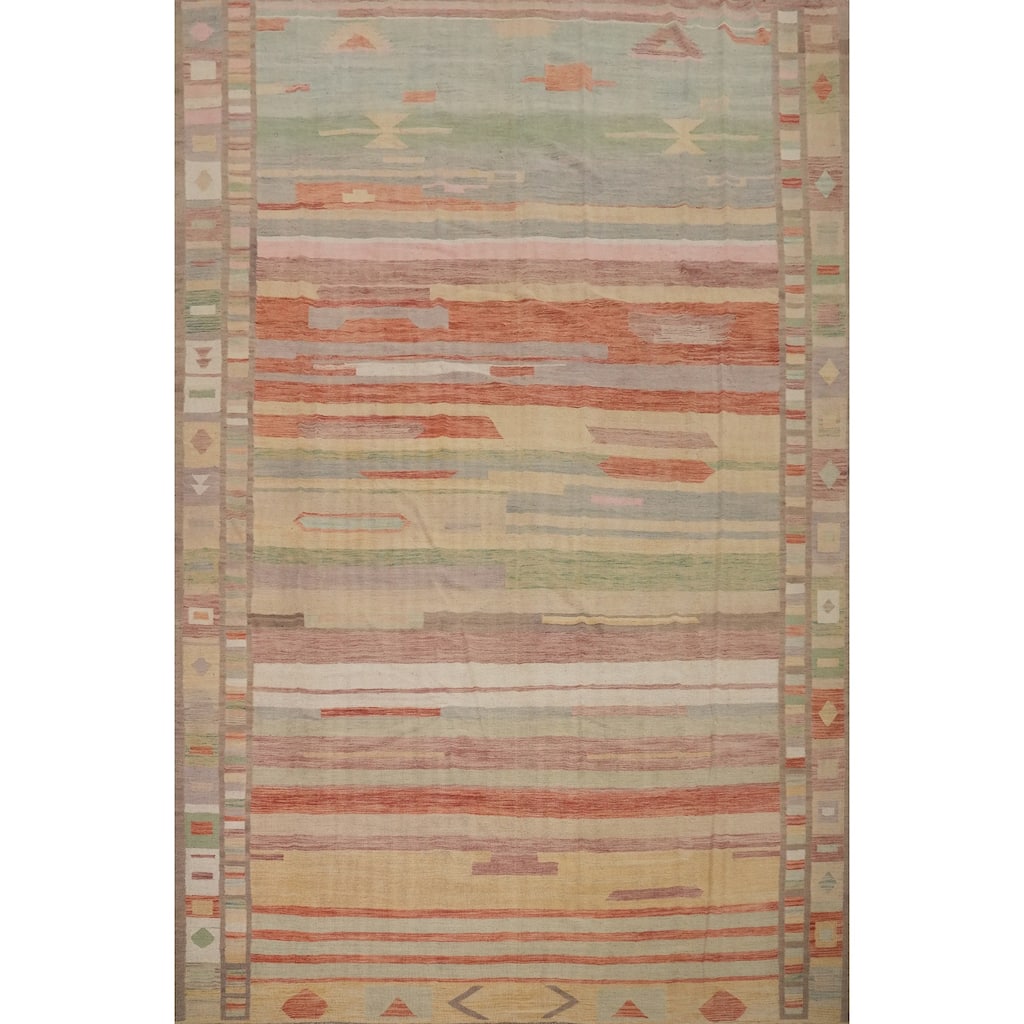 Hand Woven Oriental 100% Wool Carpet Southwestern Tribal Multi-Colored Kilim Area Rug - 12' 11'' X 10' 0''