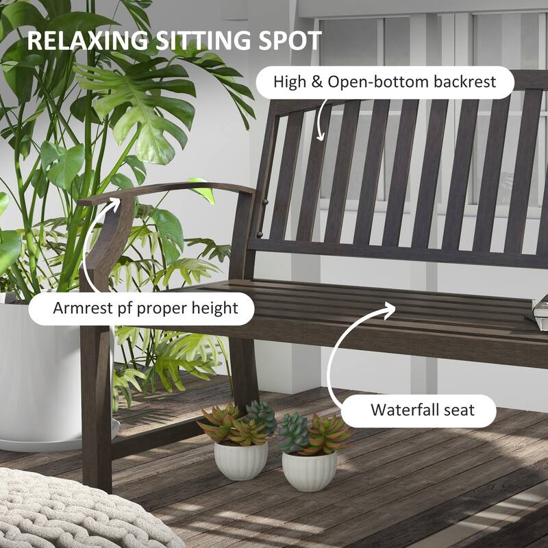 46" Outdoor Metal Garden Bench with Armrests, Tilted Backrest,Wood Look Slatted